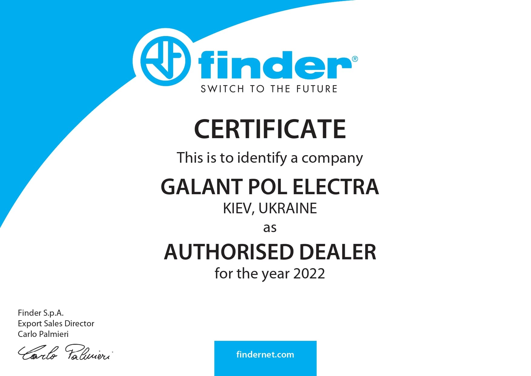Сертификат дистрибьютора Finder 2022